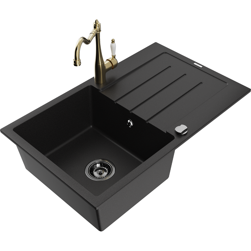 Mexen Bruno lava-loiça de granito de 1 compartimento com escorredor e torneira de cozinha Carla, preto - 6513-77-670700-50-B