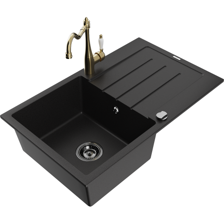 Mexen Bruno 1-bowl granite sink with drainer and Carla kitchen tap, black - 6513-77-670700-50-B