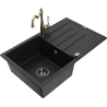 Mexen Bruno 1-bowl granite sink with drainer and Carla kitchen tap, black - 6513-77-670700-50-B