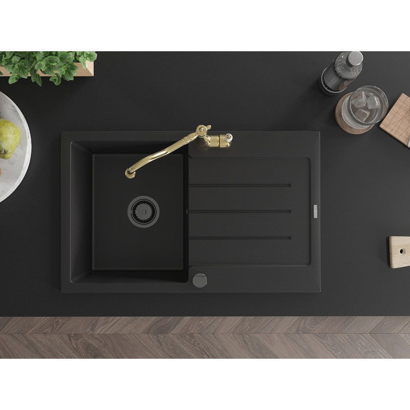 Mexen Bruno 1-bowl granite sink with drainer and Carla kitchen tap, black - 6513-77-670700-50-B
