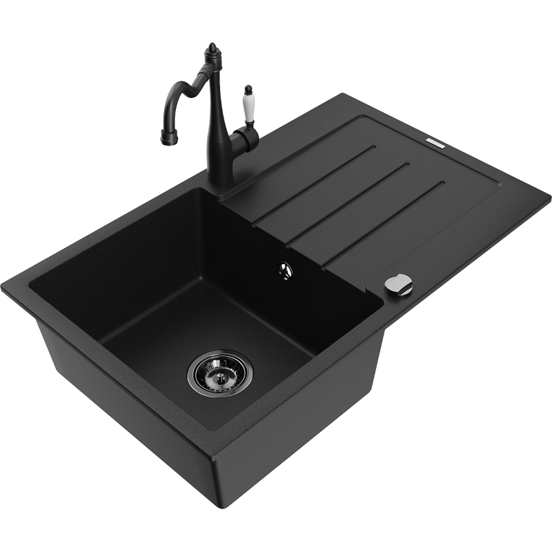 Mexen Bruno 1-bowl granite sink with drainer and Carla kitchen tap, black - 6513-77-670700-70-B