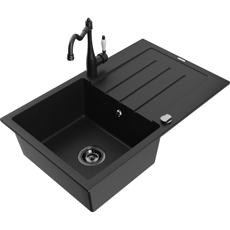 Mexen Bruno granitno pomivalno korito z 1 komoro s cedilnikom in kuhinjsko pipo Carla, črno - 6513-77-670700-70-B