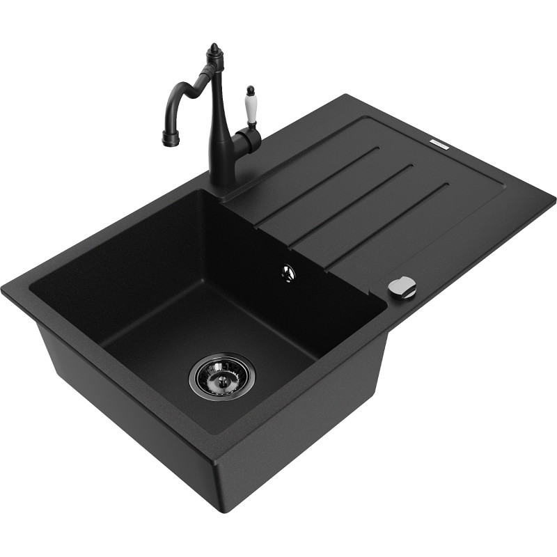 Mexen Bruno granitspüle 1-becken mit abtropffläche und küchenarmatur Carla, schwarz - 6513-77-670700-70-B