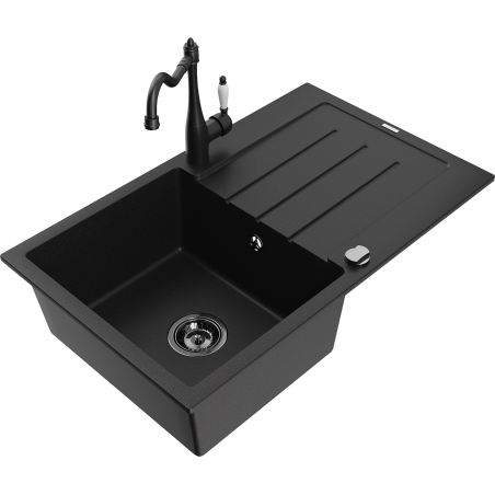 Mexen Bruno lavello in granito 1-vasca con scolapiatti e rubinetto da cucina Carla, nero - 6513-77-670700-70-B