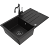 Mexen Bruno 1-bowl granite sink with drainer and Carla kitchen tap, black - 6513-77-670700-70-B