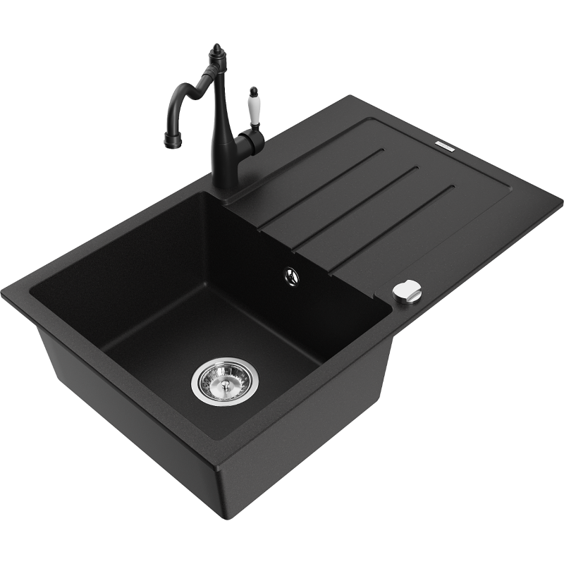 Mexen Bruno fregadero de granito de 1 compartimento con escurridor y grifo de cocina Carla, negro - 6513-77-670700-70