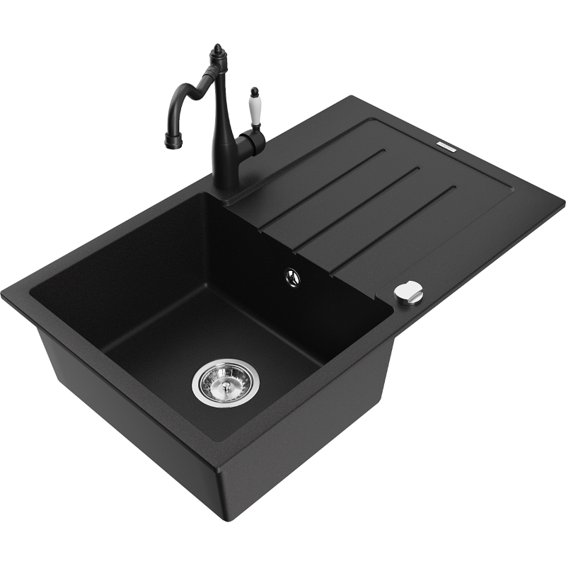 Mexen Bruno granite sink 1-bowl with drainer and Carla kitchen tap, black - 6513-77-670700-70