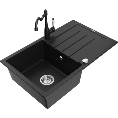 Mexen Bruno granite sink 1-bowl with drainer and Carla kitchen tap, black - 6513-77-670700-70