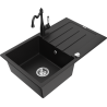 Mexen Bruno granite sink 1-bowl with drainer and Carla kitchen tap, black - 6513-77-670700-70