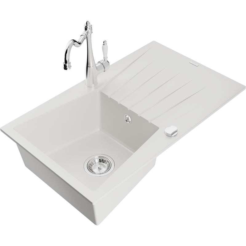Mexen Cesar granite sink 1-bowl with drainer and kitchen tap Carla, white - 6514-20-670700-00