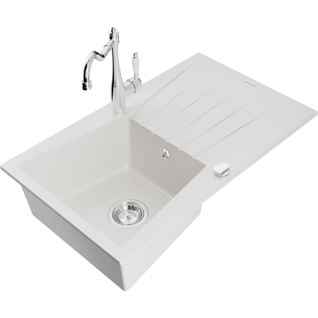 Mexen Cesar granite sink 1-bowl with drainer and kitchen tap Carla, white - 6514-20-670700-00