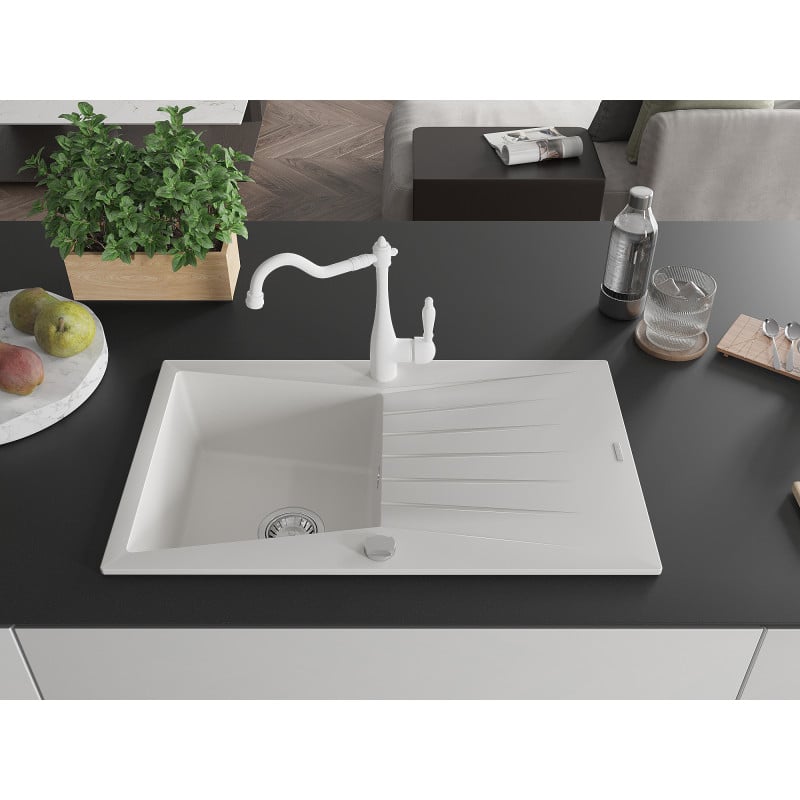 Mexen Cesar single bowl granite sink with drainer and Carla kitchen tap, white - 6514-20-670700-20