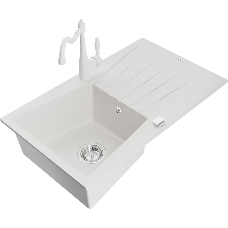 Mexen Cesar fregadero de granito de 1 seno con escurridor y grifo de cocina Carla, blanco - 6514-20-670700-20