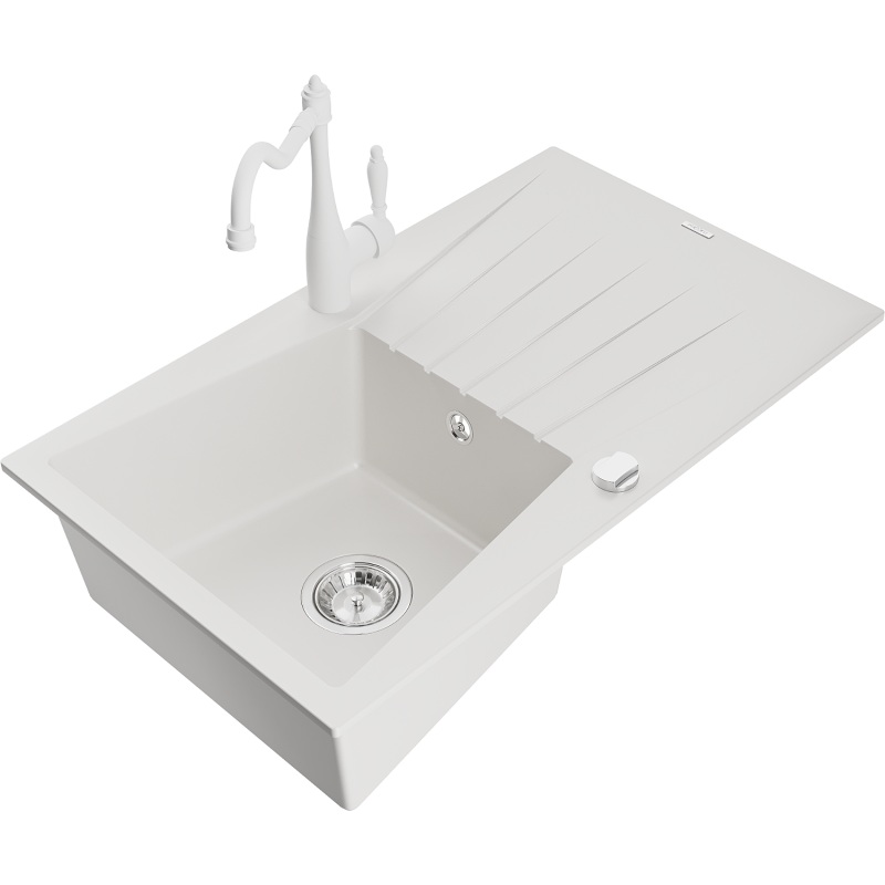 Mexen Cesar single bowl granite sink with drainer and Carla kitchen tap, white - 6514-20-670700-20