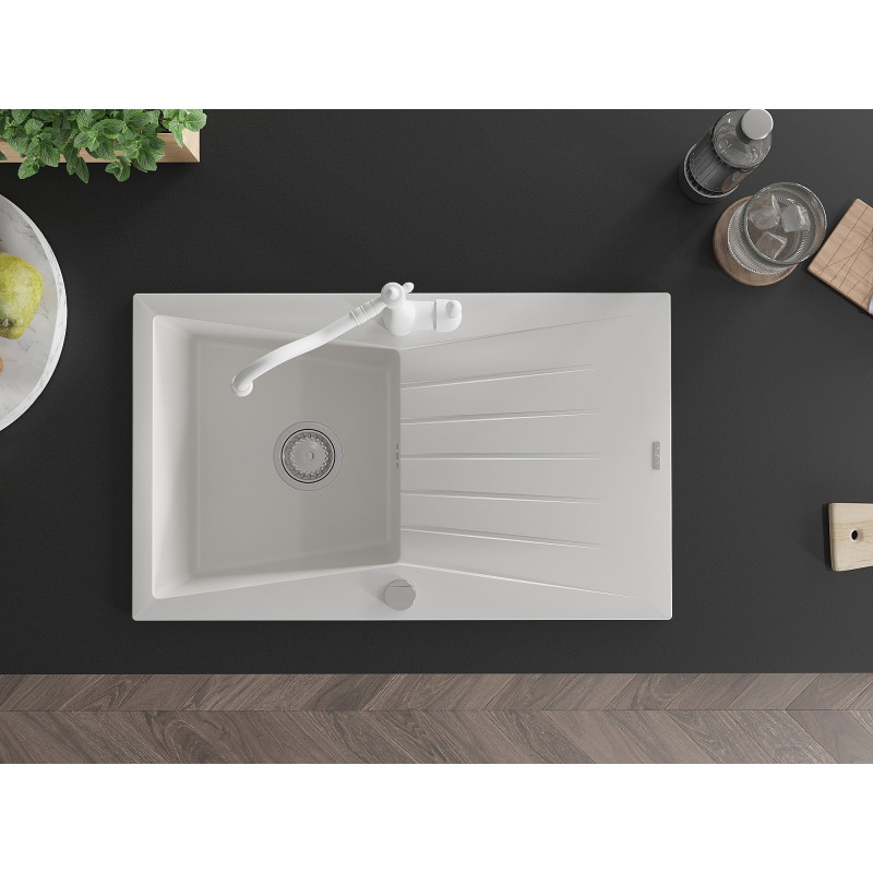 Mexen Cesar Granitspüle, 1-beckig mit Abtropffläche und Küchenarmatur Carla, weiß - 6514-20-670700-20