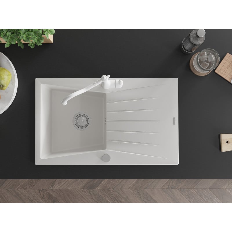 Mexen Cesar single bowl granite sink with drainer and Carla kitchen tap, white - 6514-20-670700-20