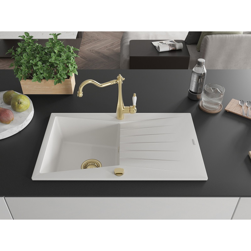 Mexen Cesar fregadero de granito de 1 seno con escurridor y grifo de cocina Carla, blanco - 6514-20-670700-50
