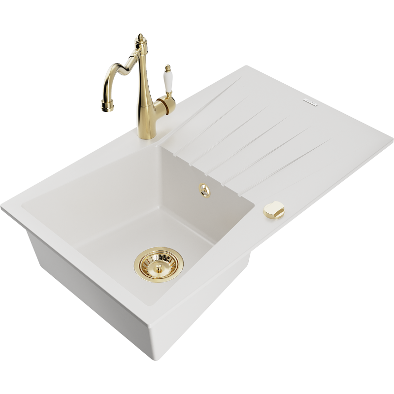 Mexen Cesar fregadero de granito 1 seno con escurridor y grifo de cocina Carla, blanco - 6514-20-670700-50