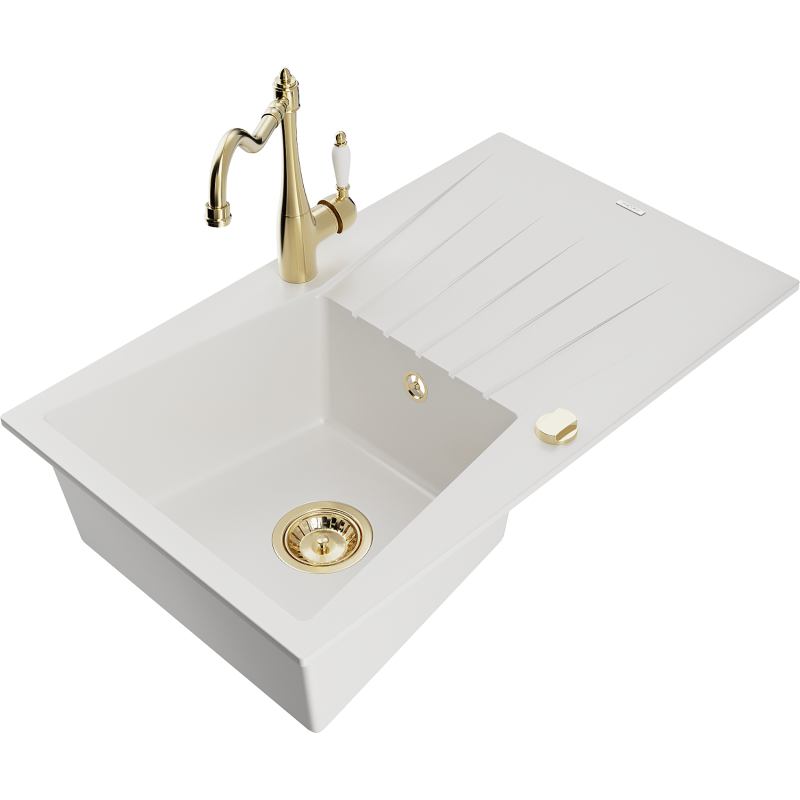 Mexen Cesar graniittinen 1-altainen tiskiallas valutustasolla ja Carla-keittiöhana, valkoinen - 6514-20-670700-50