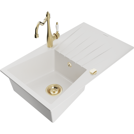 Mexen Cesar fregadero de granito de 1 seno con escurridor y grifo de cocina Carla, blanco - 6514-20-670700-50