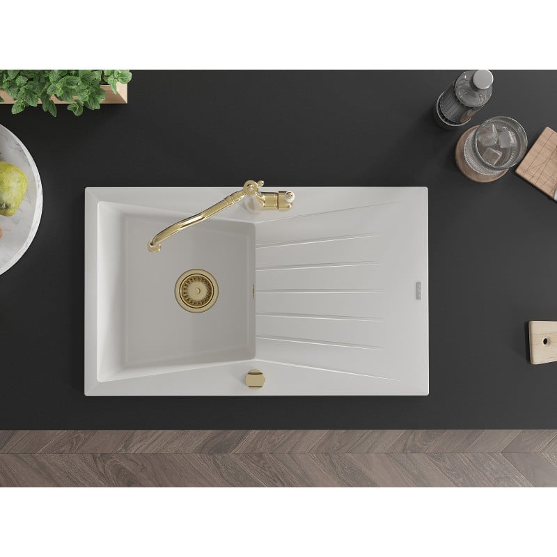 Mexen Cesar granite kitchen sink 1-bowl with drainer and Carla kitchen tap, white - 6514-20-670700-50