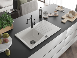 Mexen Cesar fregadero de granito de 1 cubeta con escurridor y grifo de cocina Carla, blanco - 6514-20-670700-70