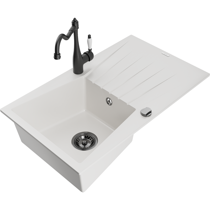 Mexen Cesar lava-loiça de granito de 1 cuba com escorredor e torneira de cozinha Carla, branco - 6514-20-670700-70