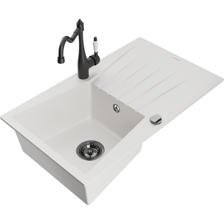 Mexen Cesar fregadero de granito de 1 cubeta con escurridor y grifo de cocina Carla, blanco - 6514-20-670700-70