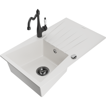 Mexen Cesar lavello da cucina in granito a 1 vasca con sgocciolatoio e rubinetto cucina Carla, bianco - 6514-20-670700-70
