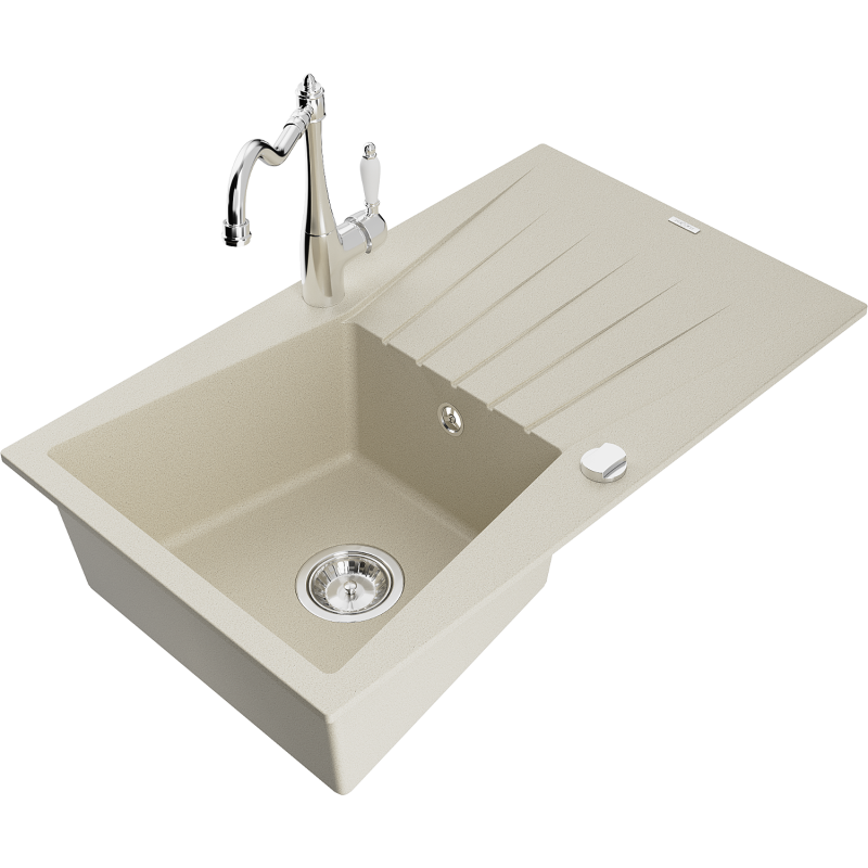 Mexen Cesar fregadero de granito de 1 cubeta con escurridor y grifo de cocina Carla, beige - 6514-69-670700-00