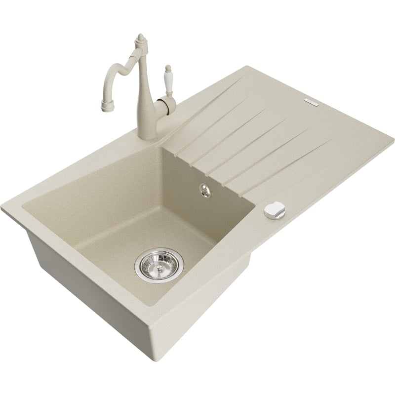 Mexen Cesar lavello in granito con 1 vasca con scolapiatti e rubinetto da cucina Carla, beige - 6514-69-670700-69