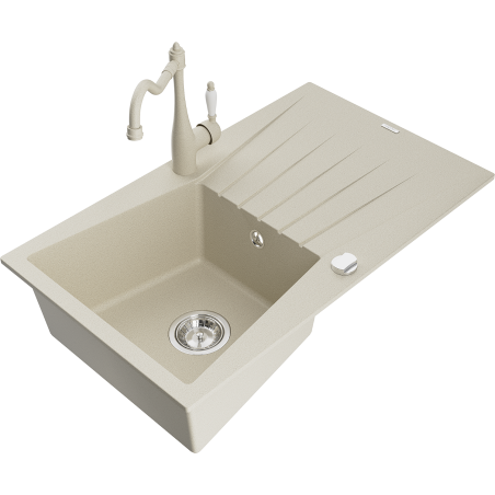 Mexen Cesar 1-bowl granite sink with drainer and Carla kitchen tap, beige - 6514-69-670700-69