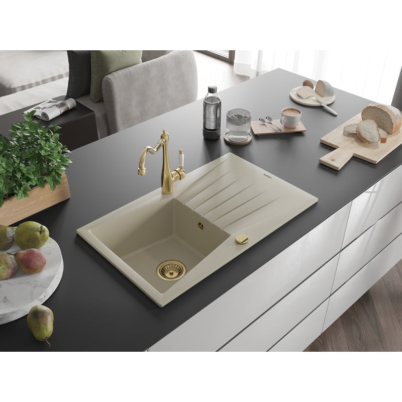 Mexen Cesar fregadero de granito de 1 seno con escurridor y grifo de cocina Carla, beige - 6514-69-670700-50