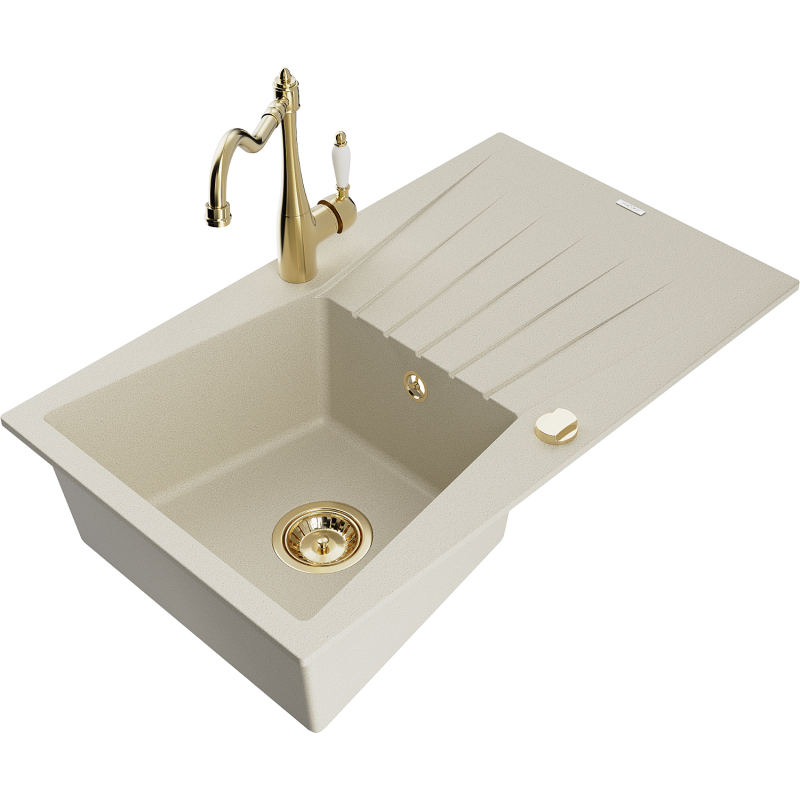 Mexen Cesar fregadero de granito de 1 seno con escurridor y grifo de cocina Carla, beige - 6514-69-670700-50