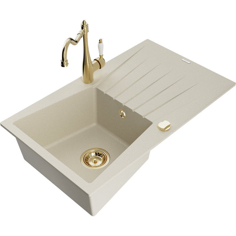 Mexen Cesar granit diskbänk med 1 fack och avrinning med kökskran Carla, beige - 6514-69-670700-50