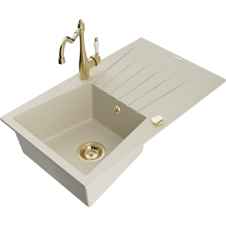 Mexen Cesar Granite Sink 1-Bowl with Drainer and Kitchen Tap Carla, Beige - 6514-69-670700-50