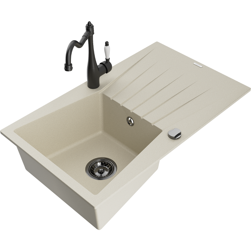 Mexen Cesar fregadero de granito de 1 cubeta con escurridor y grifo de cocina Carla, beige - 6514-69-670700-70