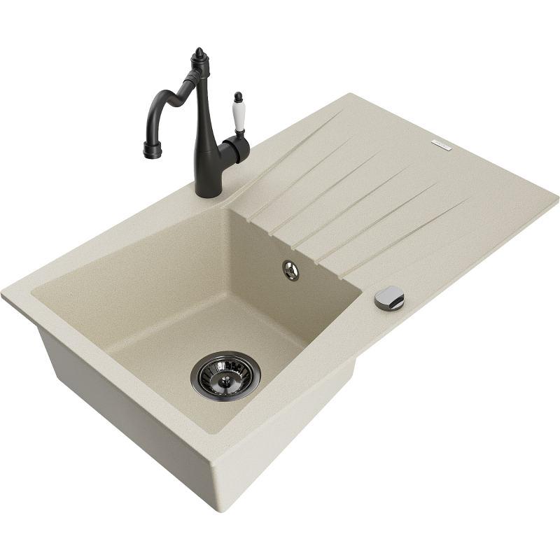 Mexen Cesar lava-loiça em granito de uma cuba com escorredor e torneira de cozinha Carla, bege - 6514-69-670700-70