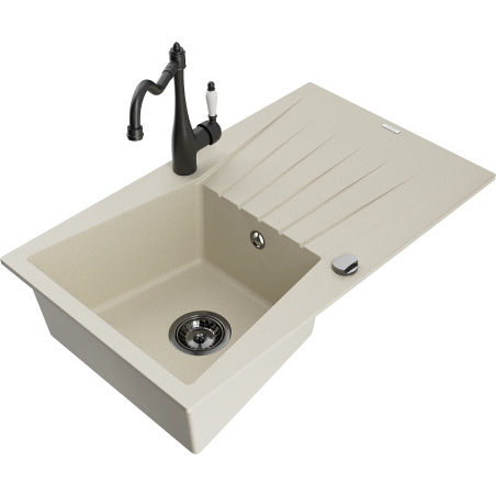 Mexen Cesar 1-bowl granite sink with drainer and Carla kitchen tap, beige - 6514-69-670700-70