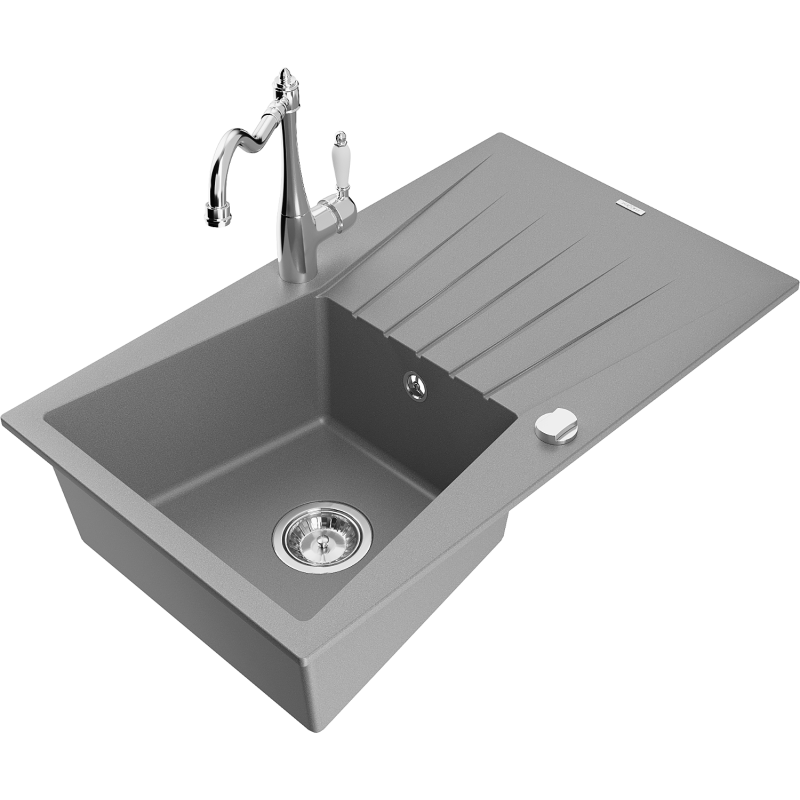 Mexen Cesar fregadero de granito de 1 cubeta con escurridor y grifo de cocina Carla, gris - 6514-71-670700-00