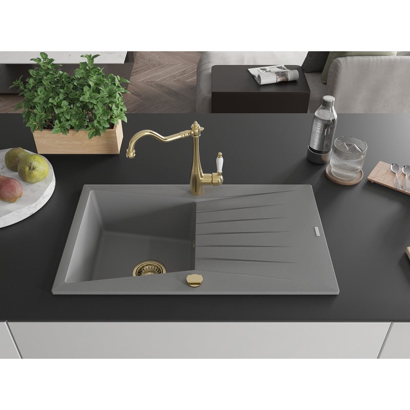 Mexen Cesar 1-Bowl Granite Sink with Drainer and Carla Kitchen Tap, Grey - 6514-71-670700-50