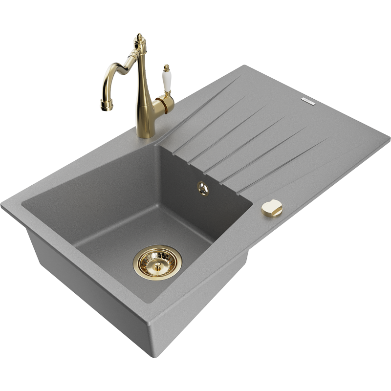 Mexen Cesar 1-Bowl Granite Sink with Drainer and Carla Kitchen Tap, Grey - 6514-71-670700-50