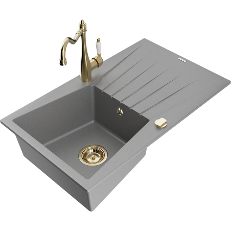 Mexen Cesar 1-Bowl Granite Sink with Drainer and Carla Kitchen Tap, Grey - 6514-71-670700-50