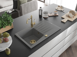 Mexen Cesar fregadero de granito de 1 cubeta con escurridor y grifo de cocina Carla, gris - 6514-71-670700-50