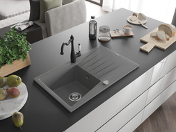 Mexen Cesar Granitspüle einbeckig mit Abtropffläche und Küchenarmatur Carla, grau - 6514-71-670700-70