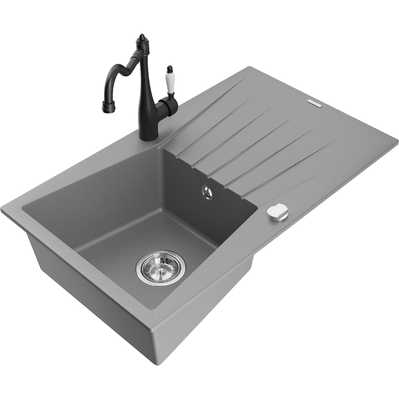 Mexen Cesar 1-bowl granite sink with drainer and kitchen tap Carla, grey - 6514-71-670700-70