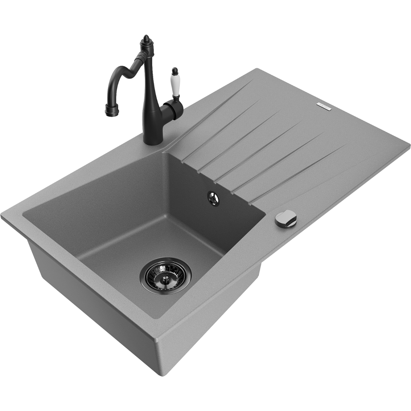 Mexen Cesar fregadero de granito de 1 cubeta con escurridor y grifo de cocina Carla, gris - 6514-71-670700-70-B
