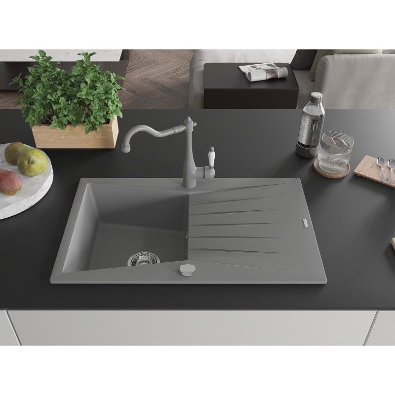 Mexen Cesar granite sink 1-bowl with drainer and kitchen tap Carla, grey - 6514-71-670700-71