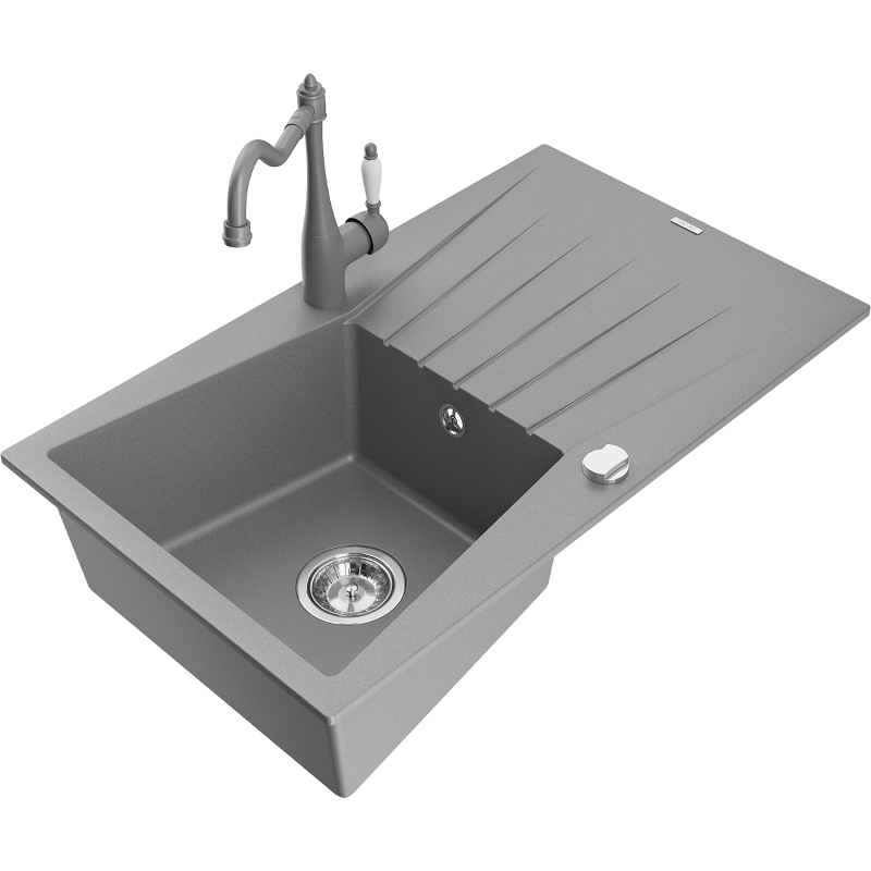 Mexen Cesar fregadero de granito de 1 cámara con escurridor y grifo de cocina Carla, gris - 6514-71-670700-71