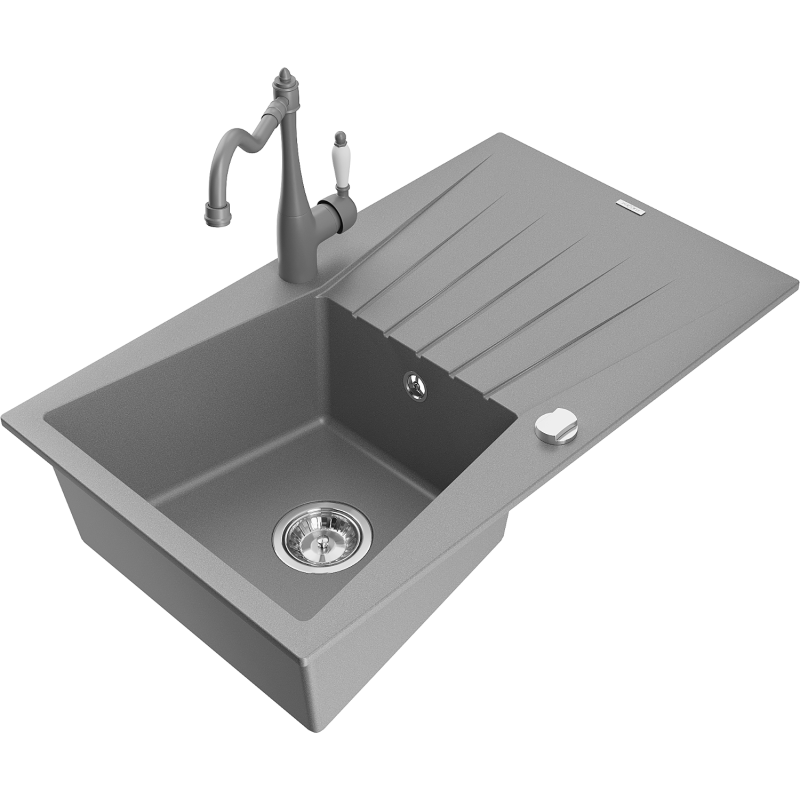 Mexen Cesar granite sink 1-bowl with drainer and kitchen tap Carla, grey - 6514-71-670700-71